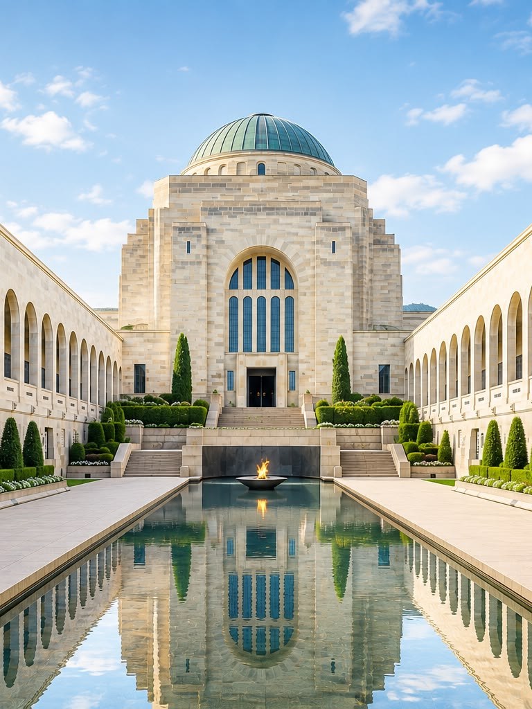 The commemorative courtyard of the Australian War Memorial on a bright morning