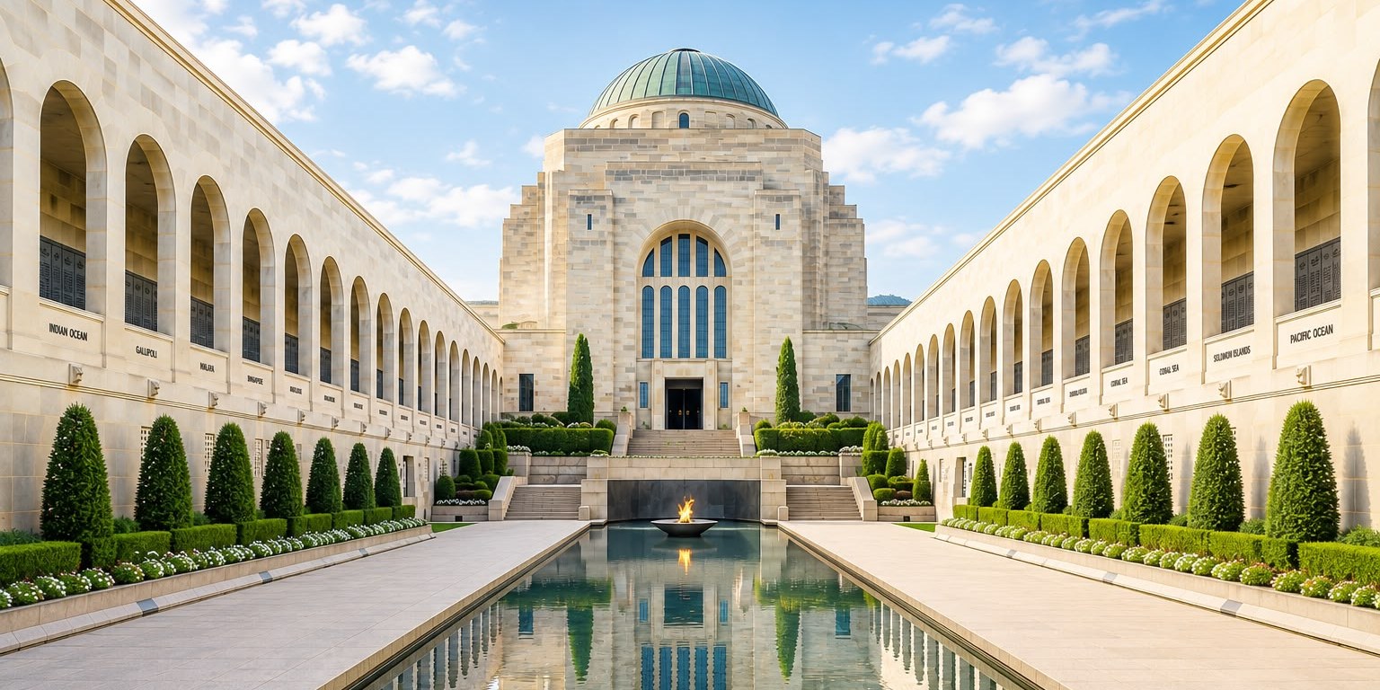 The commemorative courtyard of the Australian War Memorial on a bright morning
